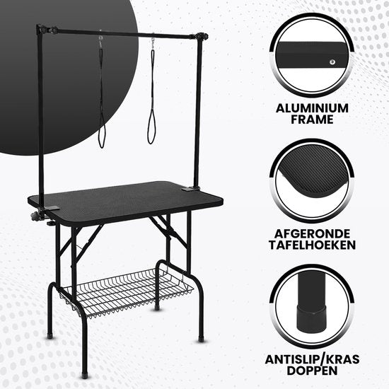 Animali Trimtafel - Trimtafel voor honden/katten - Hondentrimtafel - Inklapbaar - Aanlijnoptie - Opbergmand - 80KG draagvermogen - Zwart
