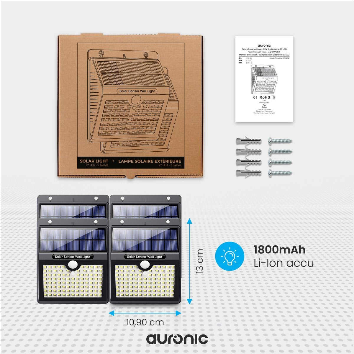 Auronic Solar Buitenlamp met Bewegingssensor - Tuinverlichting Op Zonne-energie - Wandlamp - 97 LED's - IP65 - 4 Stuks - Zwart