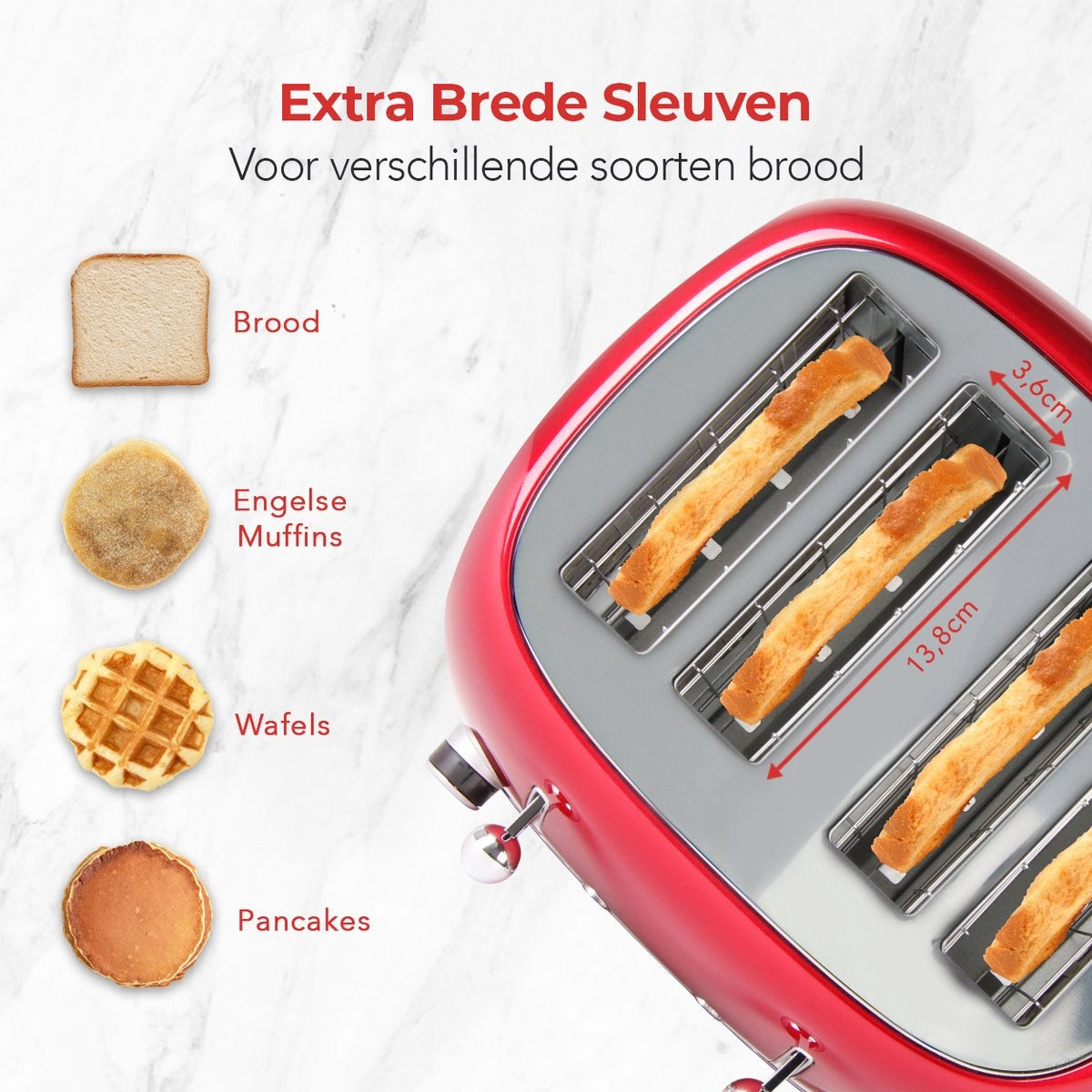 KitchenBrothers Retro Broodrooster - 6 Warmteniveaus - 4 Extra Brede Sleuven - 1630W - Reheat en Ontdooi-functie - Rood