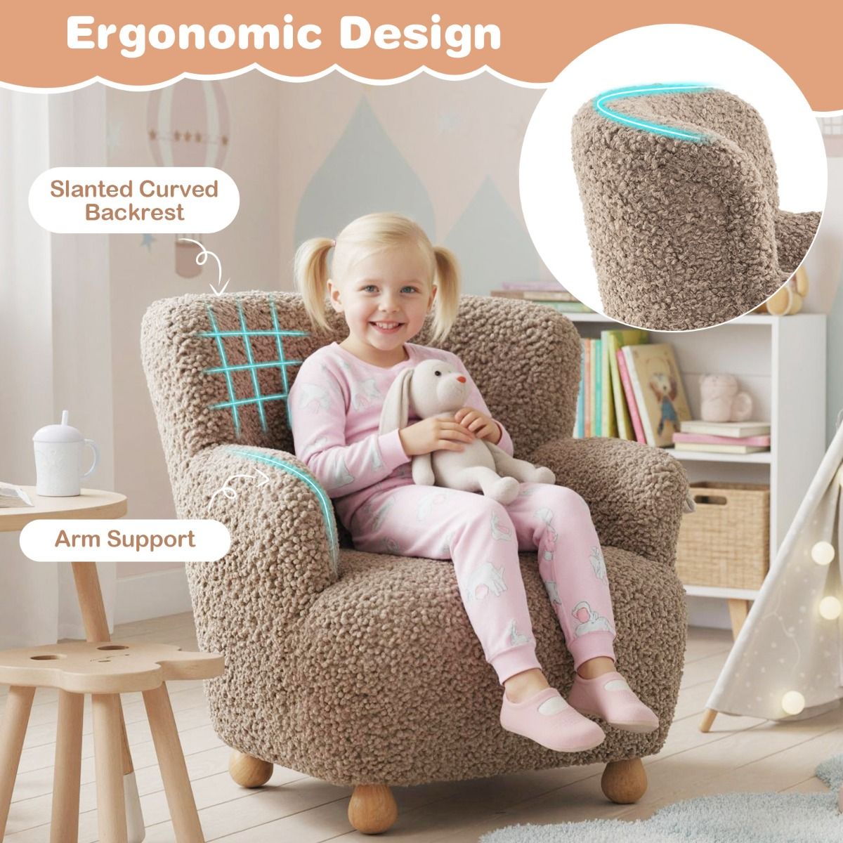 Coast Kinderfauteuil met rugleuning - houten poten - gestoffeerde kinderstoel - lichtbruin