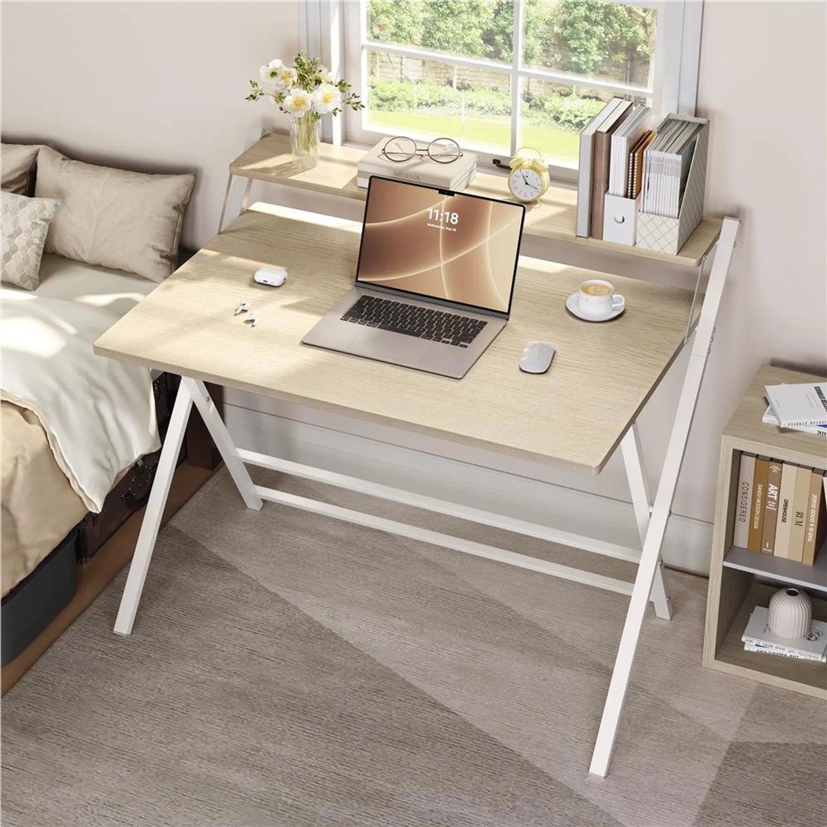 Yaheetech Inklapbaar Computerbureau met Monitorstandaard – 106,5 x 60,5 x 90 cm – Licht Hout