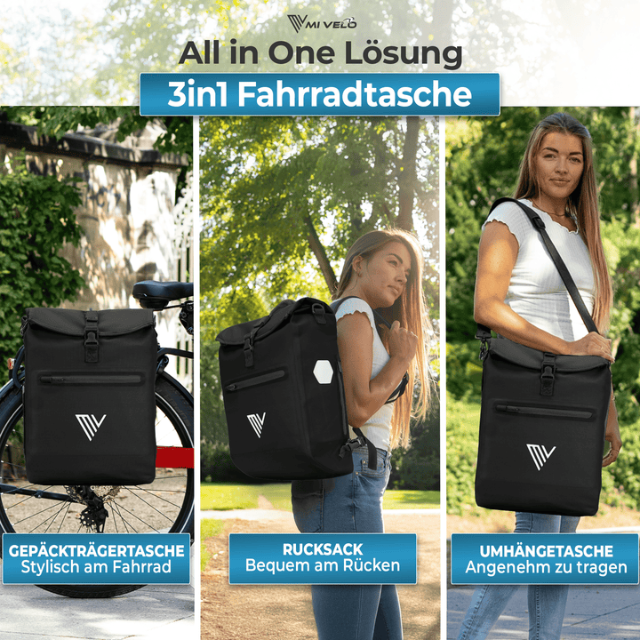Mivelo LINO 3-in-1 fietstas en rugzak - 20 liter - Zwart