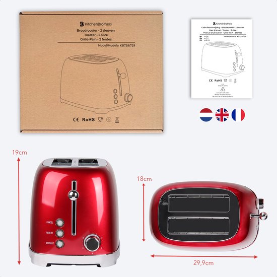 KitchenBrothers Retro Broodrooster - Toaster - 6 Warmteniveaus - 2 Extra Brede Sleuven - 815W - Rood