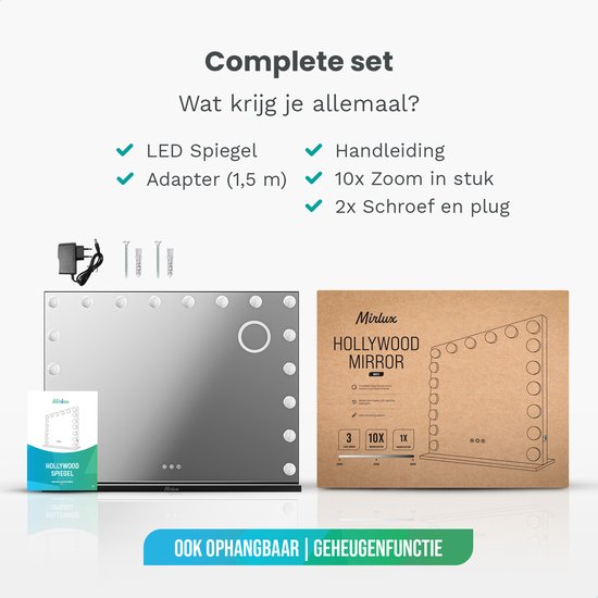 Mirlux Hollywood Spiegel 80x60CM - 2 Bluetooth Speakers - USB & USB-C Oplaadpoorten - LED Verlichting - Make Up Spiegels - 10x Zoom - Ophangbaar - Zwart