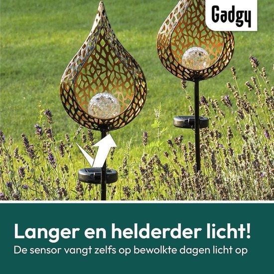 Gadgy Solar Tuinfakkel Druppel met Grondspies - Solar Tuinverlichting Set van 2 st. - Tuinsteker 90CM Hoog - Tuinverlichting op Zonneenergie Buiten - Led Buitenverlichting met Sensor - Tuinlantaarn - Koperkleurig Metaal