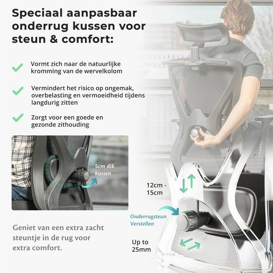 Backerz – Ergonomische Bureaustoel – 44-56 cm Zithoogte & EN1335 Gecertificeerd – Voorzien Van 3D Armleuningen En Verstelbare Lendensteun – Voor Kantoor En Gaming – Zwart Polypropeen En Mesh