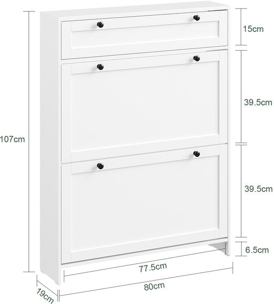 SoBuy – Schoenenkast Met 1 Lade – 80 x 19 x 107 cm & Met 2 Kanteldeuren – Voorzien Van Anti-tip Systeem En Silicone Voetjes – Voor Smalle Gangen En Entrees – Wit Mdf