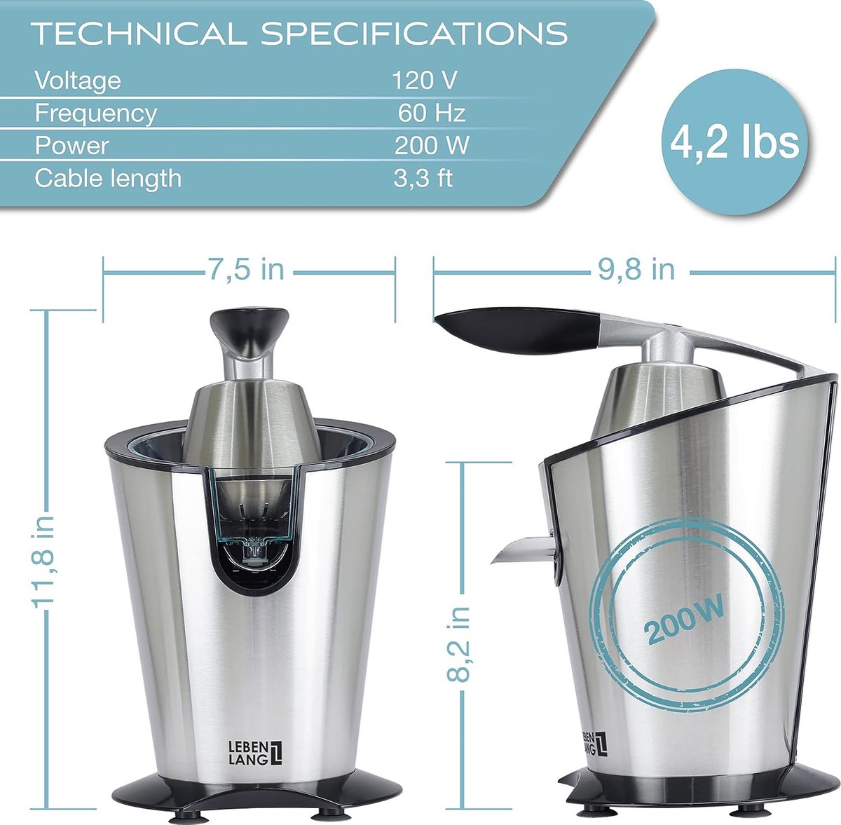 LEBENLANG Elektrische Citruspers – 600W  – 19 x 25 x 30 cm – Zilver