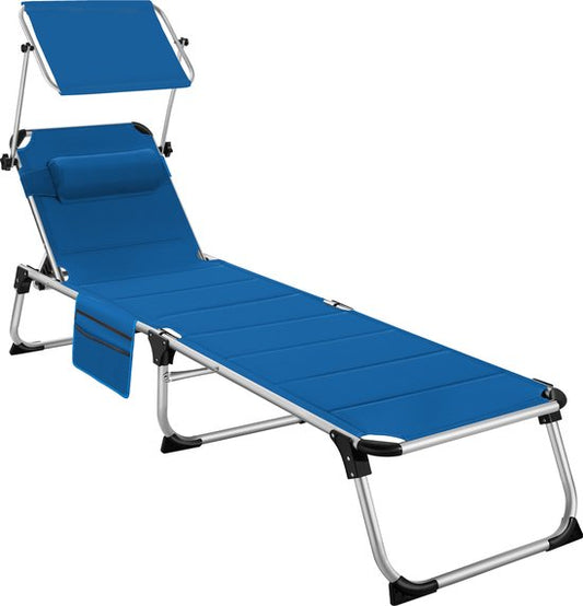 tectake® Ligbed Lorella met zonneluifel - Ligstoel - Zonnebed gestoffeerd - Inklapbaar - Voor in de tuin of op balkon - Met zijvak - Afmetingen (BxDxH) 220 x 60,5 x 34 cm - Blauw