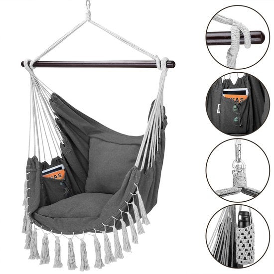 Detex Hangstoel Bohemian – Incl. Fleshouder/2 Kussens XL - Antraciet