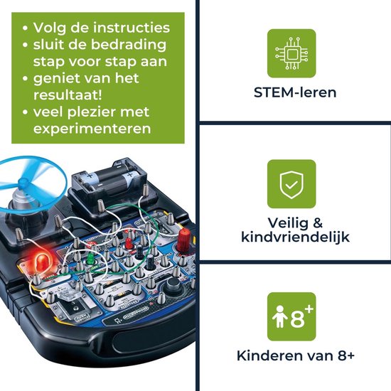 Velleman Elektronische projectenkit voor kinderen vanaf 8 jaar, verken de basisprincipes van elektronica met 18 spannende experimenten, leerzaam en interactief speelplezier, led, ventilator en geluid