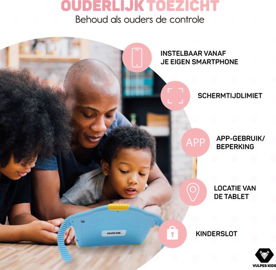 Vulpes Goods® Kids - Kindertablet - Tablet Kinderen - Ouder Control App - 100% Kids Proof - 3500 mAh - Android 10 Go - Incl. Ingebouwde Beschermhoes, Screenprotector & Oogbescherming - 32 GB - Met Touchscreen Pen- PRO versie - Blauw