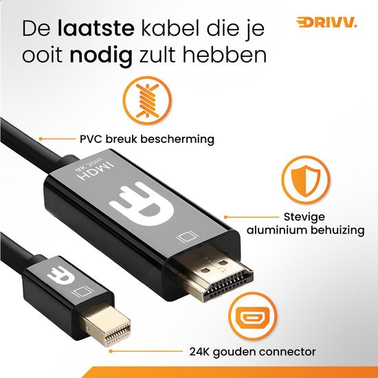Drivv. Premium Mini DisplayPort naar HDMI Kabel - Thunderbolt naar HDMI - Thunderbolt 1/2 - 4K 30Hz - Zwart - 1.8 meter