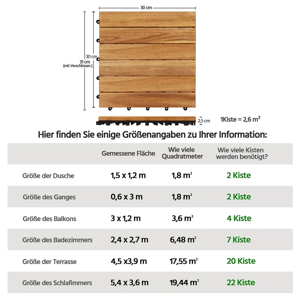 Yaheetech Terrastegels Acaciahout – Set van 10 – 31 x 31 cm – Kliksysteem – 0,96 m²