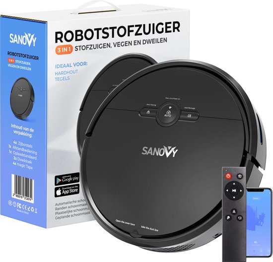 Sanovy 3 in 1 Robotstofzuiger met dweilfunctie - 1800 PA- Automatische laadstation - Dweilrobot – App