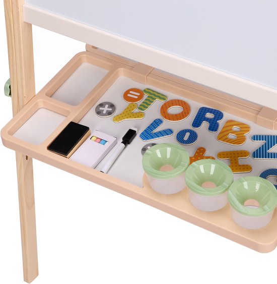 Sunny Luna Activiteiten Ezel – Verstelbare Houten Kinder Ezeltje – Speelezel met Whiteboard & Krijtbord – Magnetisch Bord – Inclusief Papierrol, Bekers & Accessoires – Educatief Speelgoed