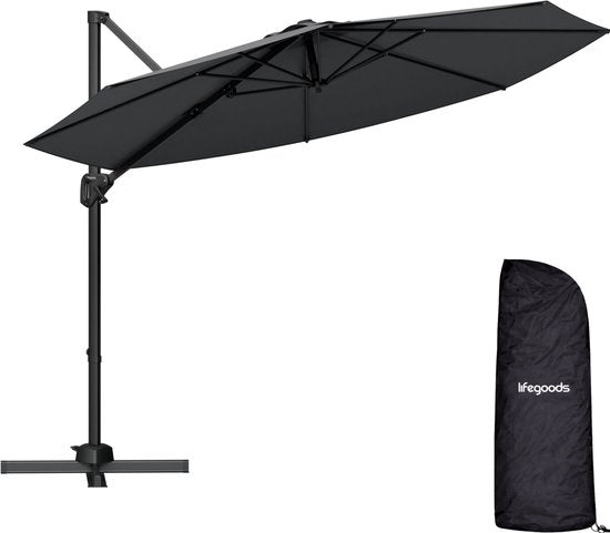 LifeGoods Zweefparasol - 6 Standen - 360° Draaibaar - Rond Ø300 cm - Inclusief Beschermhoes - Antraciet
