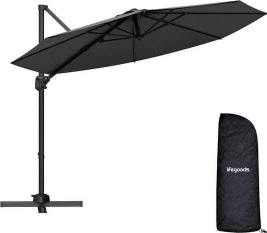 LifeGoods Zweefparasol - 6 Standen - 360° Draaibaar - Rond Ø300 cm - Inclusief Beschermhoes - Antraciet