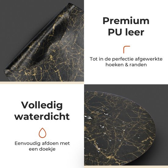 Castagnola Lederlook Placemats - Ronde Placemats - Antislip Placemat van Kunstleer - Waterafstotende Onderlegger - Onderzetter - 6 Stuks - Diameter 38 cm - Zwart/Goud