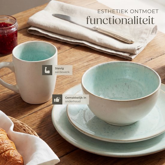 tectake® Serviesset Mare - 30-delig - Aardewerk met Glanzend Glazuur - 6 Persoons - Handgemaakt Servies - Moderne Bordenset met Grote en Kleine Borden, Kommen, Schaaltjes en Kopjes - Vaatwasser- en Magnetronbestendig - Munt