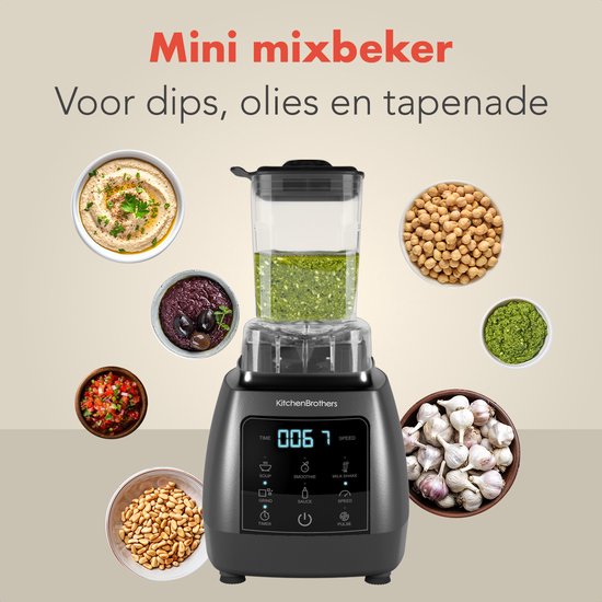 KitchenBrothers 2-in-1 Power Blender - 1600W - 2L - Complete Set met Hakmolen en To-go Beker - Smoothie Maker - IJscrusher - Metallic Grijs