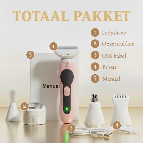 Ladyshave voor Vrouwen - 5 in 1 Scheerapparaat - Bikinilijn - Oksels - Benen - Gezichtshaar - Neustrimmer - Zeri