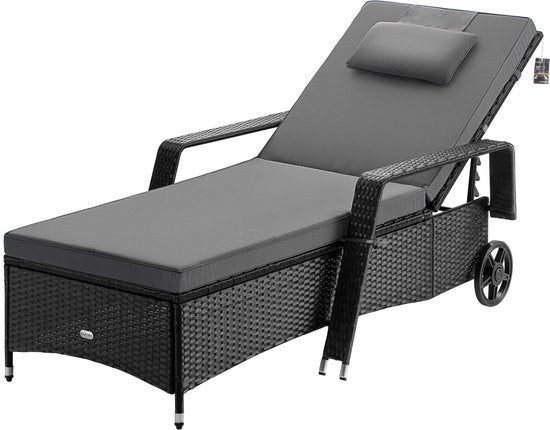 Casaria Polyrattan Ligstoel – Incl. Kussen 160 Kg - Zwart Antraciet