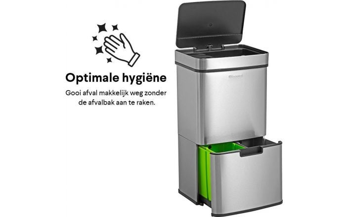 Homra Nexo Sensor Prullenbak – 72L Afvalscheiding (2x12L + 48L) – RVS – Automatisch Openend  – 31.5 x 42 x 82.5 cm -grijs