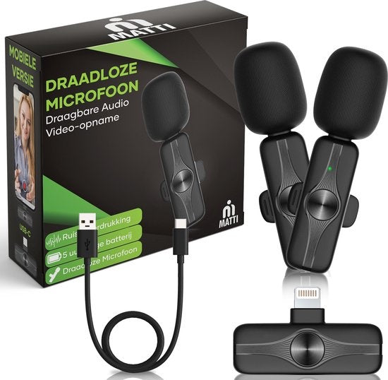 MATTI® 2-in-1 - Draadloze Microfoon voor Vlogs - iPhone - Dasspeld Microfoon - Lavalier - Lightning