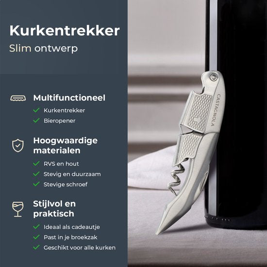 Castagnola Kurkentrekker - Kelnermes - Wijnopener - Wijn opener - Flesopener - Hefboom - Deluxe - Volledig RVS