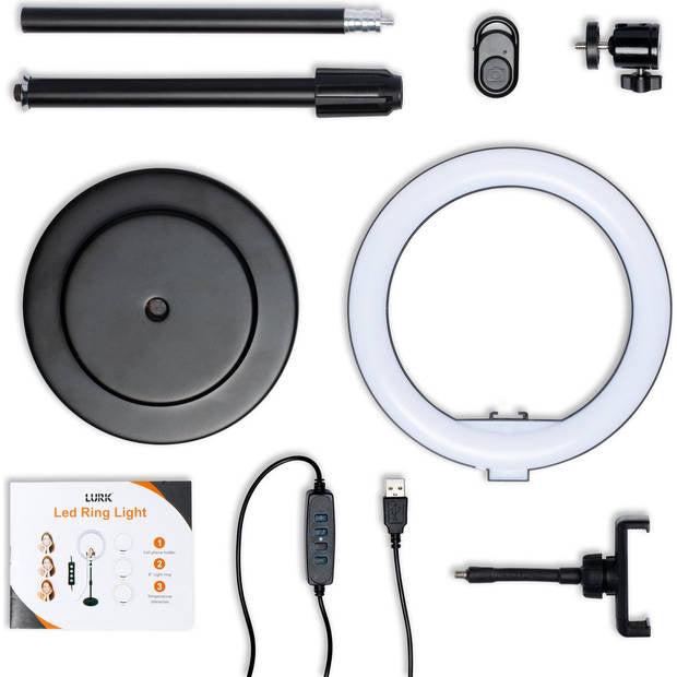 LURK ringlicht studioset 8 inch met verstelbaar statief, microfoon en afstandsbediening -  zwart