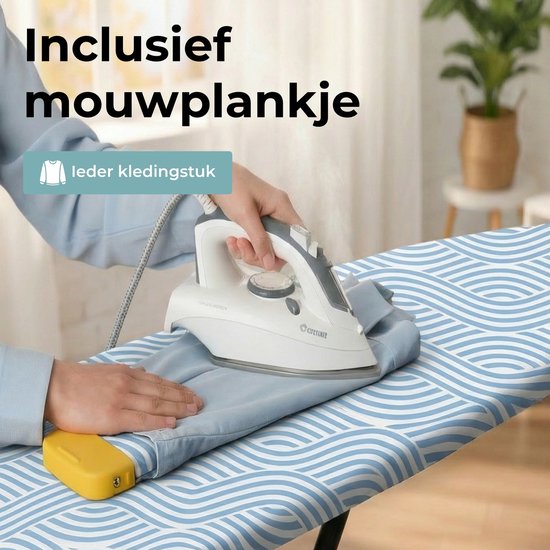 STAUS&BACH Strijkplank X - voor Stoomgenerator - 122 x 43,5 cm - Inclusief mouwplankje en opvouwrek - 76 - 96 cm in hoogte verstelbaar - Met stoomunithouder stoomstrijkijzer - Blauw - Ironiq Pro