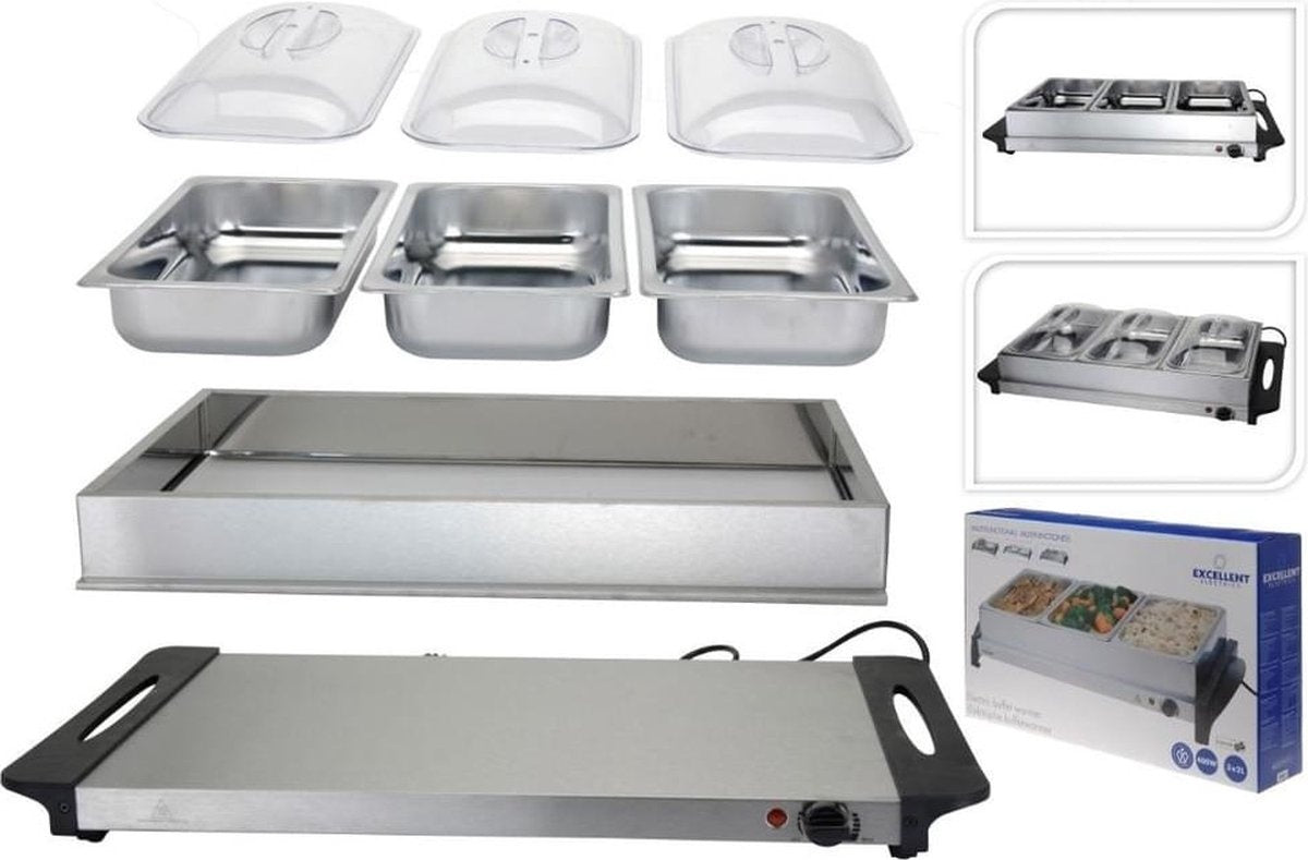 Excellent Electrics - Elektrische 2 in 1 RVS Buffetwarmer (300W) -3x2.5 liter