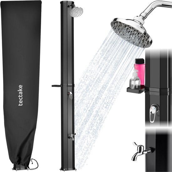 tectake® Buitendouche - Solar - 35L - Warm Water tot 60°C - Met Beschermhoes en Zeepbakje - Tuinslangaansluiting - Tuindouche met grote verstelbare douchekop en voetkraan - Zonnedouche - Campingdouche op Zonneenergie - Zwart
