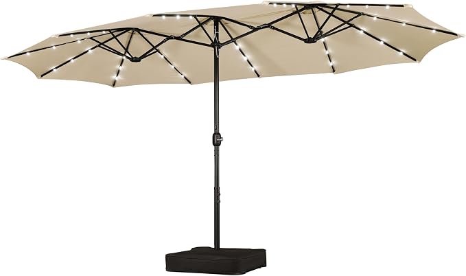 Yaheetech Dubbele Parasol 15FT met Solar LED Verlichting en Voet - Beige - Extra Grote Tuinparasol met Zandzakken