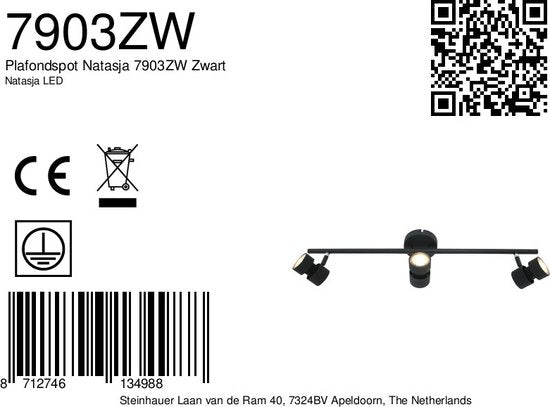 Spot Natasja 7903ZW zwart 3-lichts dimbaar GU10 plafondlamp met metalen en kunststof constructie, modern design, 68 cm breed – Steinhauer