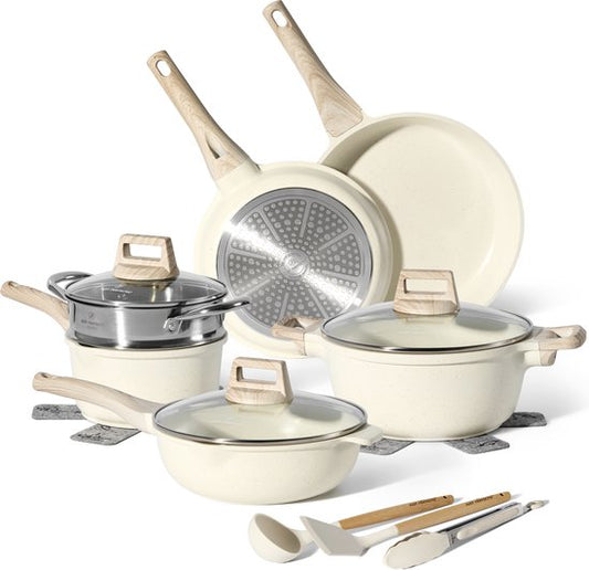 JUST PERFECTO 14 Delige Pannenset Inductie Met Deksel - Granieten Frying Pan Antiaanbaklaag Pannenset - Niet Giftig Keramische Non Stick Koekenpannen - Pannen Compatibel Met Alle Fornuizen