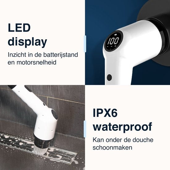 Samako Elektrische Schoonmaakborstel - Elektrische Schrobber - IPX6 waterdichte Schrobborstel met steel - 9 opzetstukken - Poetsmachine - Schrobmachine