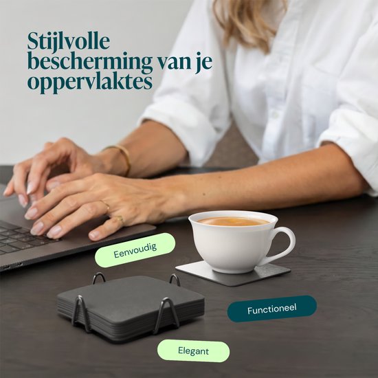 Castagnola Kunstlederen Onderzetters – Onderzetters voor Glazen – Design Onderzetters met Houder – Leren Onderzettersset met metalen houder – Leder – Set van 10 - Grijs - 10x10cm