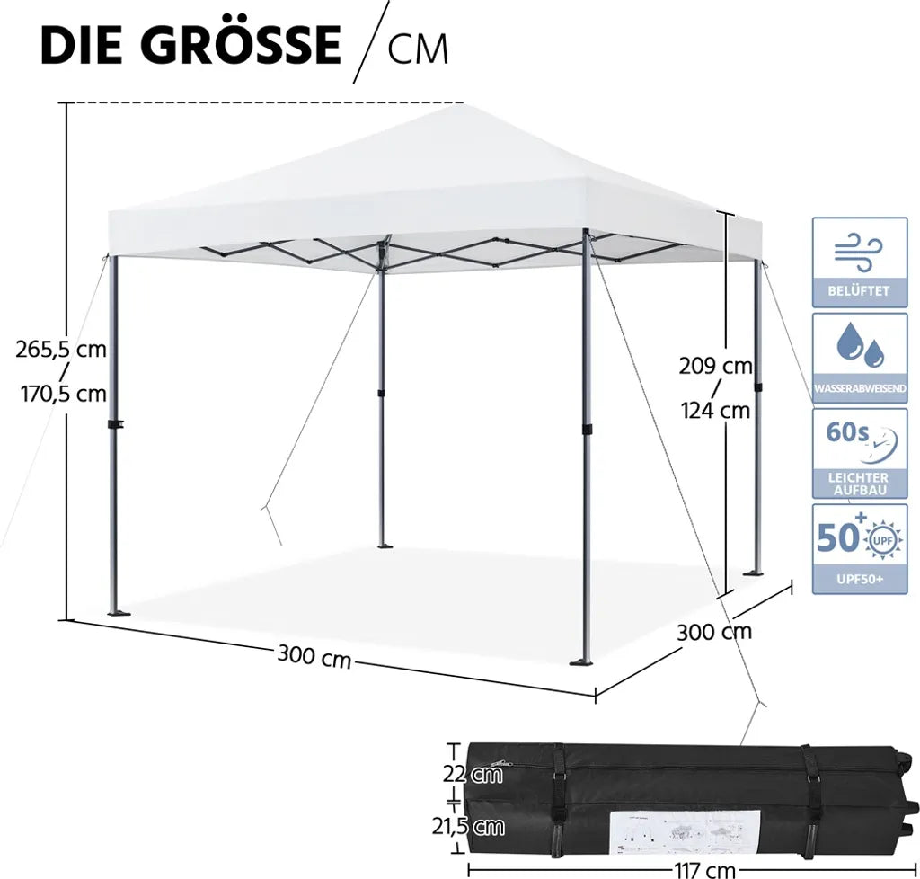 Yaheetech Opvouwbare Partytent 3 x 3 m - Wit - Pop-up Paviljoen met UV50+ Bescherming