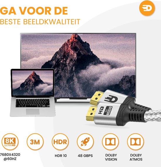 HDMI Kabel 2.1 - Ultra HD High Speed - HDMI naar HDMI - Geschikt voor Xbox Series X & PS5 - 1 meter - Nylon - Zilver Wit
