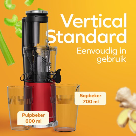 KitchenBrothers Slowjuicer - Verticaal - Juicer - Groenten en Fruitpers - 80 mm - 750 ml - Rood