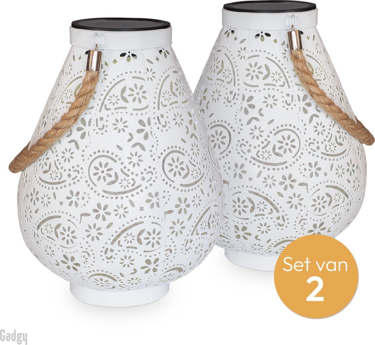 Gadgy Solar Lantaarn Mat Wit - Tafellamp set van 2 - Solar Tuinverlichting op Zonneenergie - Led Buitenverlichting met Dag/Nacht Sensor - Hanglamp - Tuinlantaarn - Metaal - 23 x Ø17.5CM