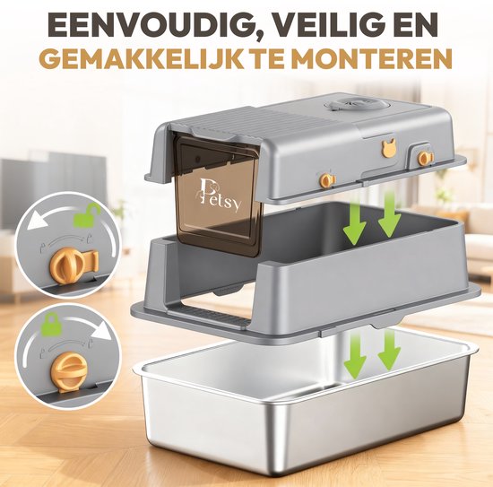 Petsy® - Premium Kattenbak RVS Pro - XXL - Incl. Geurneutralisator - Incl. Kattenbakschep, Grit Opvanger & Uitloopmat - Voor Grote & Kleine Katten - 37L Inhoud Groot -