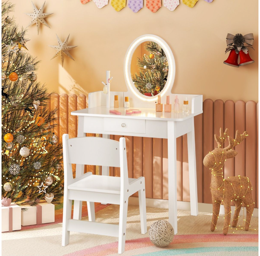 Coast Kinderkaptafel en Stoelset - 2-in-1 Bureau, Tweekleurige LED-Spiegel, Anti-kantel - 60 x 35 x 96 cm - MDF/Grenen Hout - Wit