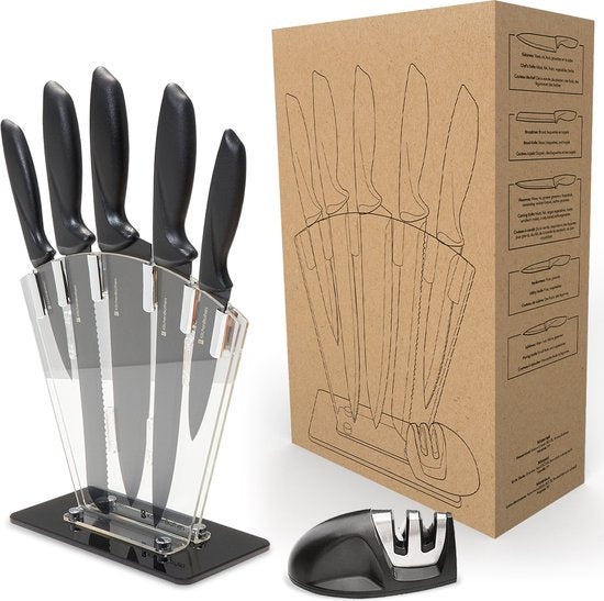 KitchenBrothers Messenset - Messenblok - 7-Delig - met Messenslijper - Zwart