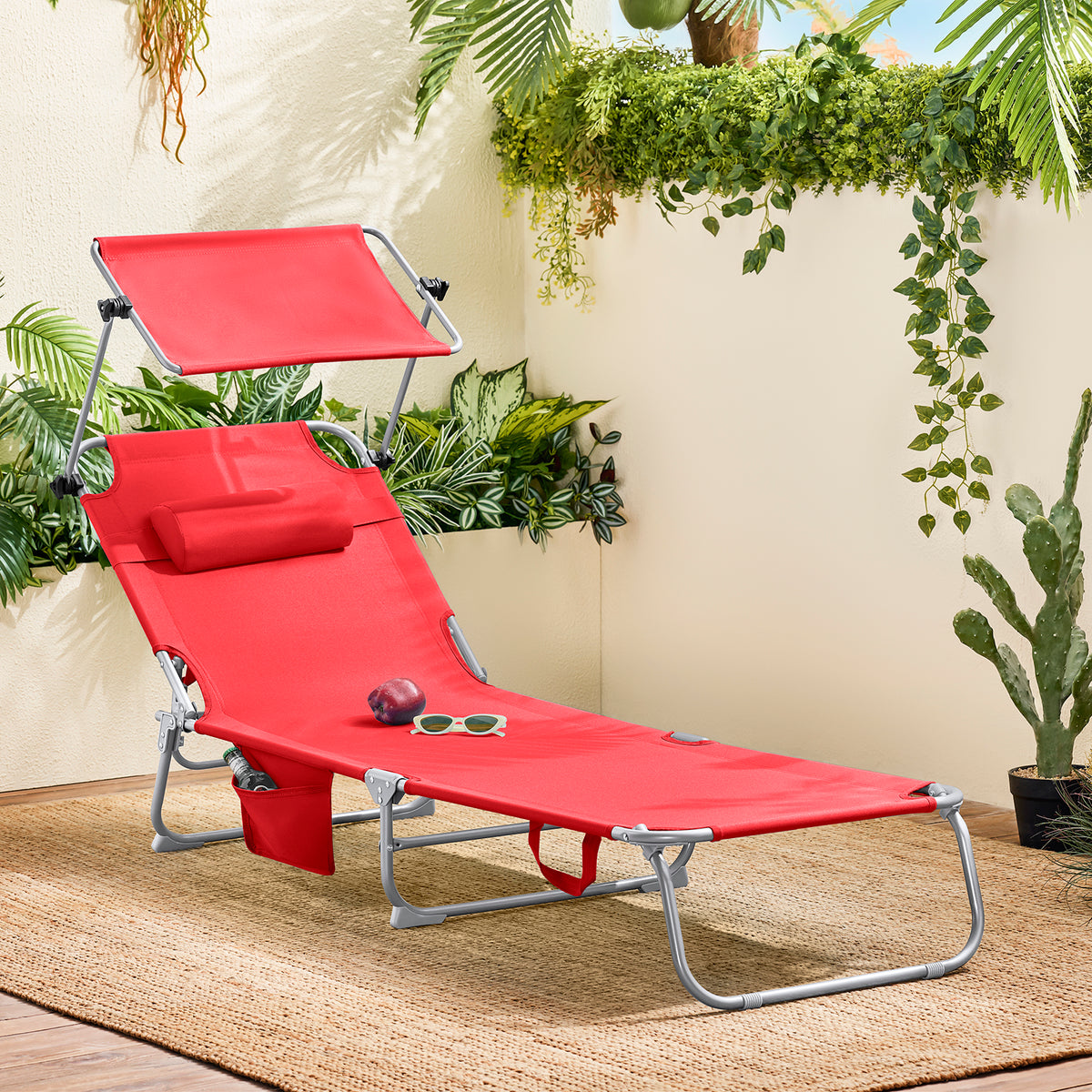 SoBuy Ligstoel Rood – Opvouwbare Tuinligstoel met Verstelbare Luifel en 4 Ligposities – 86 x 40 cm Ingeklapt