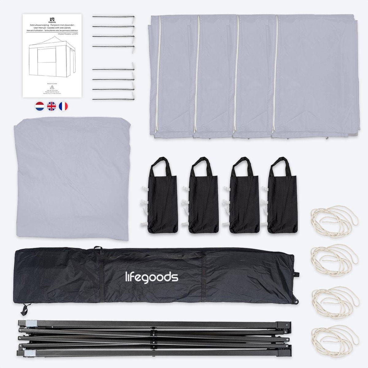 LifeGoods Partytent - Paviljoen - EasyUp - Opvouwbaar - 4 Zijwanden - Waterdicht - Met Draagtas met wieltjes - 292 x 292 cm - Donkergrijs