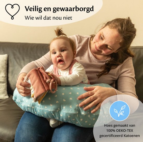 EL-Life Voedingskussen – Zwangerschapskussen – 100% Katoen – Afneembare Wasbare Hoes – Blauw met Witte Hartjes