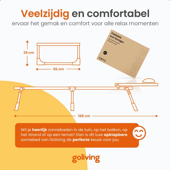 Goliving Ligbed - 5 Standen - 188 x 56 x 29 cm - Inklapbaar Zonnebed - Opvouwbaar Strandbed - Ligstoel Tuin - Inclusief Hoofdkussen - Verstelbare Rugleuning - Zwart